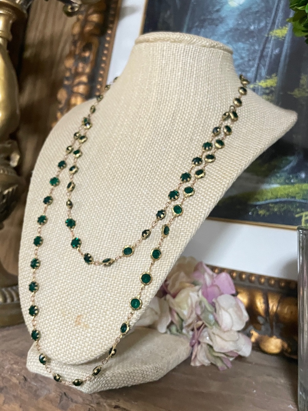 Gold Chain Necklace with Emerald Green Bezel-Set Stones - Women Jewelry